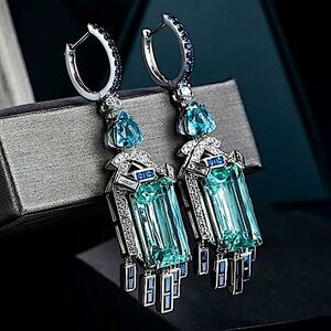 Sterling Silver Aquarium Earrings Cubic Zircon Sapphire, Gemstone